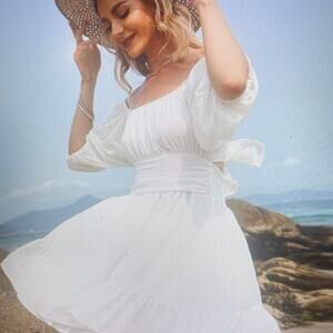 White Ruffled Off Shoulder A-Line Vintage Mini Dress XS